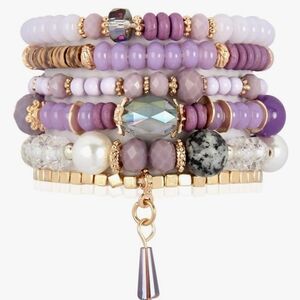 Purple and Gold Tone Beaded Bracelet Set Of 6